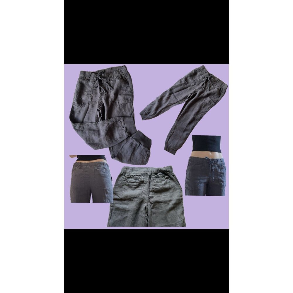 Grey Linen Drawstring Jogger Pants